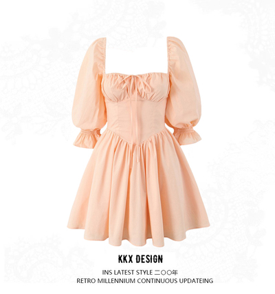 Collar stitching lace puff sleeve dress chest pleated tie waist puffy princess skirt