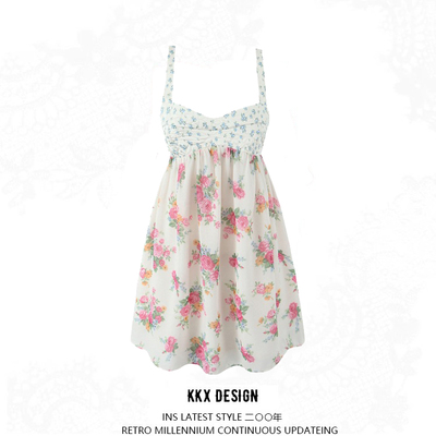 Colorblock chest embroidery suspender dress