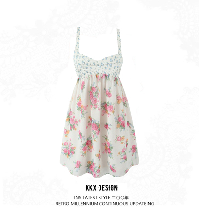 Colorblock chest embroidery suspender dress