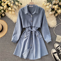 Autumn New Women's Dress POLO Collar Strap Waist Short A-line Skirt - Thumbnail 2