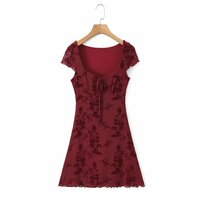 Flocked retro small flower square collar exposed clavicle bow knot earrings dress - Thumbnail 4