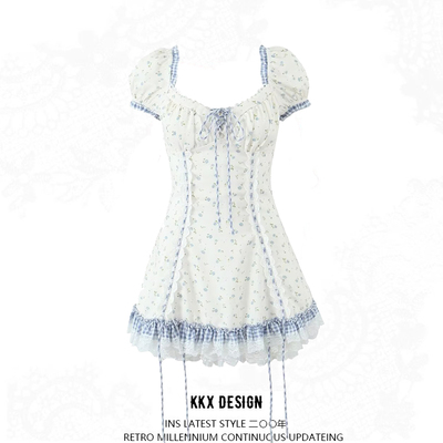 Drawstring lace print dress sweet loli style short sleeves short skirt