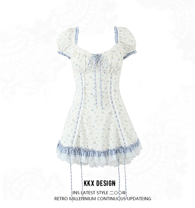 Drawstring lace print dress sweet loli style short sleeves short skirt