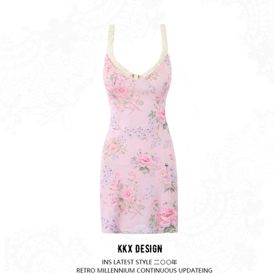 Sweet style neckline rose flower floral short skirt dress