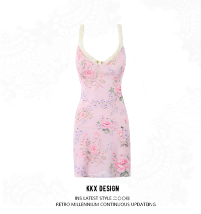 Sweet style neckline rose flower floral short skirt dress
