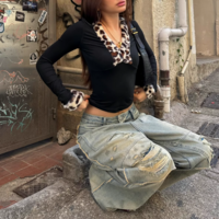 Leopard print fur collar spliced ​​hottie top - Thumbnail 5