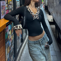 Leopard print fur collar spliced ​​hottie top - Thumbnail 2