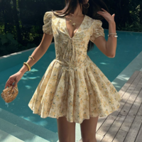 Deep V short-sleeved floral summer French dress Sweet and spicy style fashionable puffy skirt - Thumbnail 8