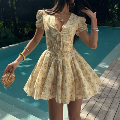 Deep v short-sleeved floral summer french dress sweet and spicy style fashionable puffy skirt