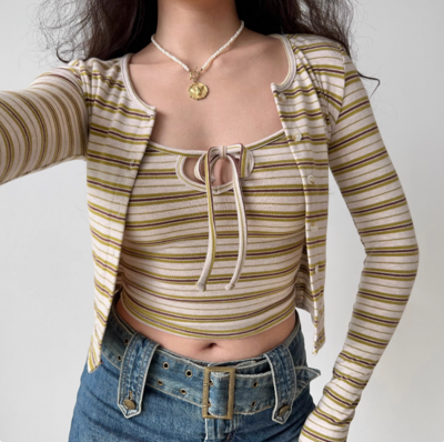 Retro striped chest strap suspenders long-sleeved cardigan women's short two-piece suit