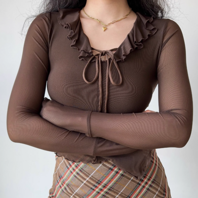 Ruffled tie-tie mesh long sleeve t-shirt - Thumbnail 4