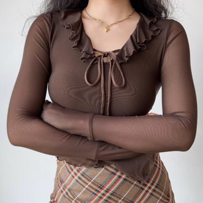 Ruffled Tie-Tie Mesh Long Sleeve T-Shirt