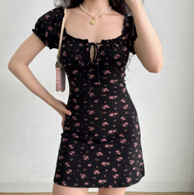 Retro hollow tie square neck floral dress