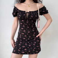 Retro hollow tie square neck floral dress - Thumbnail 3