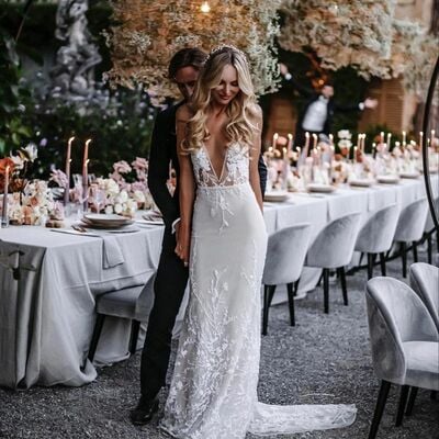 Sexy deep v-neck wedding dress, appliques backless tulle bridal dress wedding gown - Thumbnail 2
