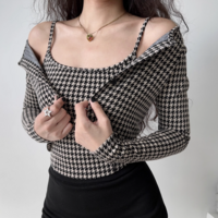 Retro houndstooth sling + cardigan two-piece set - Thumbnail 1