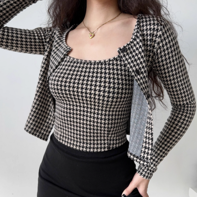 Retro houndstooth sling + cardigan two-piece set - Thumbnail 5
