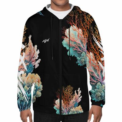Adult unisex coral black hoodie. 