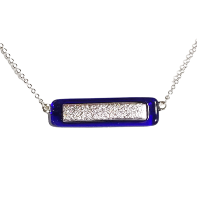 Dichroic silver on cobalt blue fused glass bar necklace