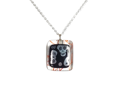 Dichroic Sugar Skulls on Red Stringer Fused Glass Necklace