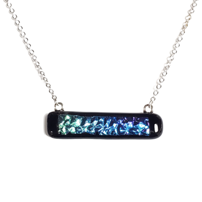 Purple to green dichroic ombre fused glass bar necklace