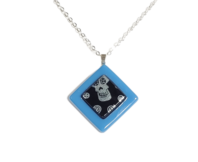 Dichroic Sugar Skulls on Blue Fused Glass Pendant Necklace