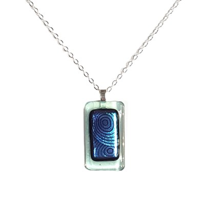 Blue Circles on Transparent Ming Green Fused Glass Necklace
