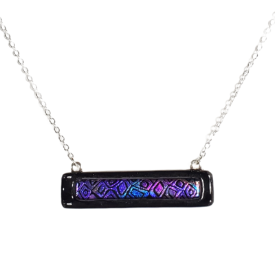 Dichroic purple cells on black fused glass bar necklace