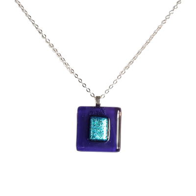 Dichroic blue square on transparent purple fused glass necklace