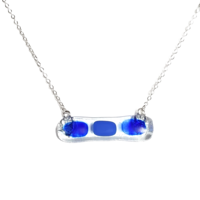 Blue dots on clear fused glass bar necklace