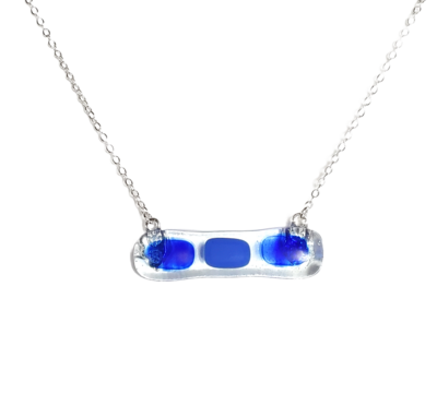 Blue Dots on Clear Fused Glass Bar Necklace