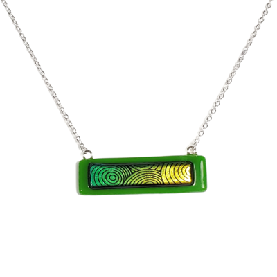 Green and yellow dichroic circles on green fused glass bar necklace