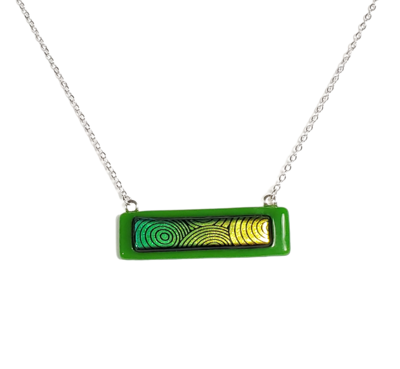 Green and Yellow Dichroic Circles on Green Fused Glass Bar Necklace