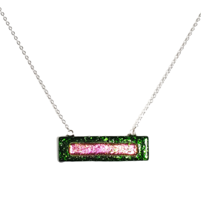 Dichroic pink on green sparkle fused glass bar necklace
