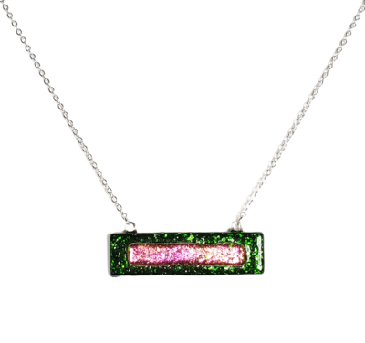 Dichroic Pink on Green Sparkle Fused Glass Bar Necklace