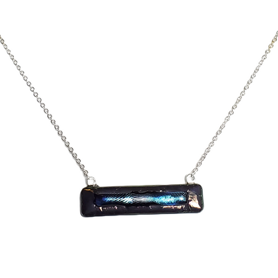 Dichroic geometric on metallic black fused glass bar necklace