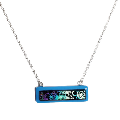 Dichroic mechanical gears on blue fused glass bar necklace