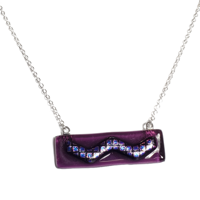 Dichroic blue plaid wave on purple fused glass bar necklace - Thumbnail 1