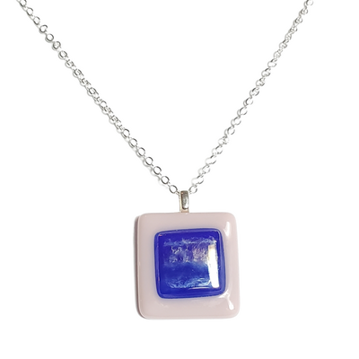 Blue iridescent glass on lavender fused glass pendant necklace - Thumbnail 3