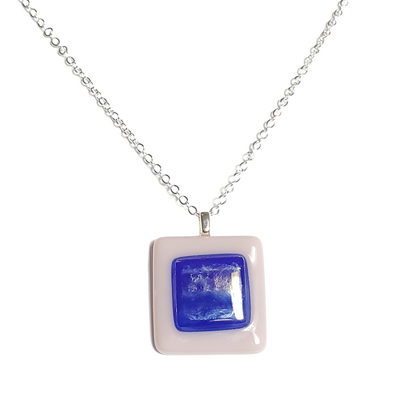 Blue Iridescent Glass on Lavender Fused Glass Pendant Necklace