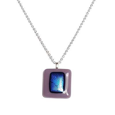 Dichroic blue circles on purple fused glass pendant necklace