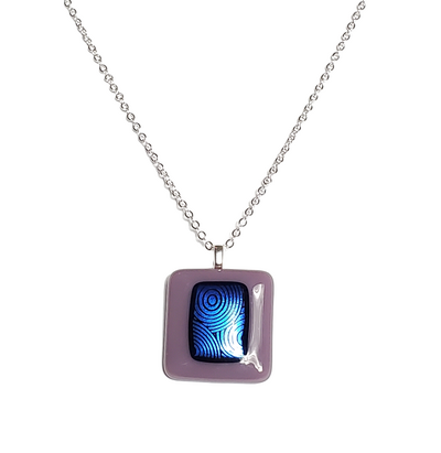 Dichroic Blue Circles on Purple Fused Glass Pendant Necklace