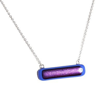 Purple dichroic on blue fused glass bar necklace - Thumbnail 2