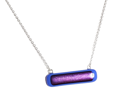 Purple Dichroic on Blue Fused Glass Bar Necklace