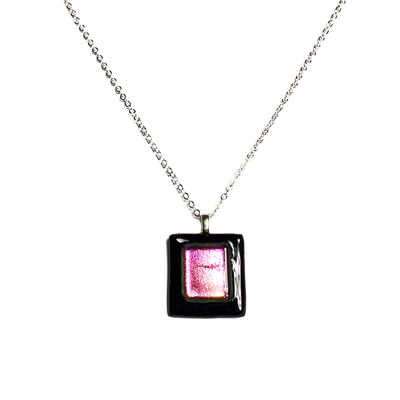 Dichroic pink on fused glass black pendant necklace