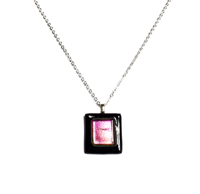 Dichroic Pink on Fused Glass Black Pendant Necklace