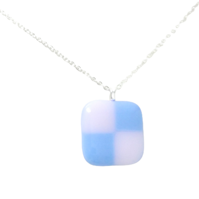 Blue and pink checkerboard fused glass pendant necklace