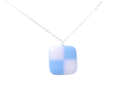 Blue and Pink Checkerboard Fused Glass Pendant Necklace