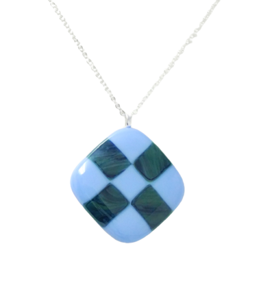 Green and Light Blue Checkerboard Fused Glass Necklace