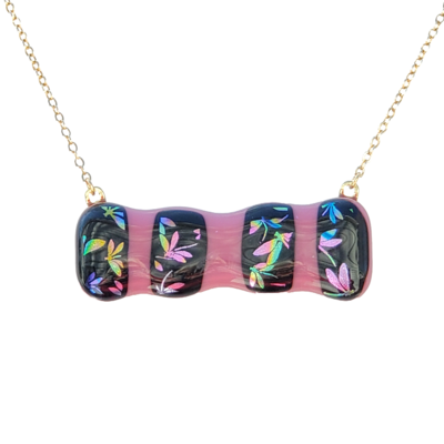 Dragonfly dichroic on pink bar fused glass necklace